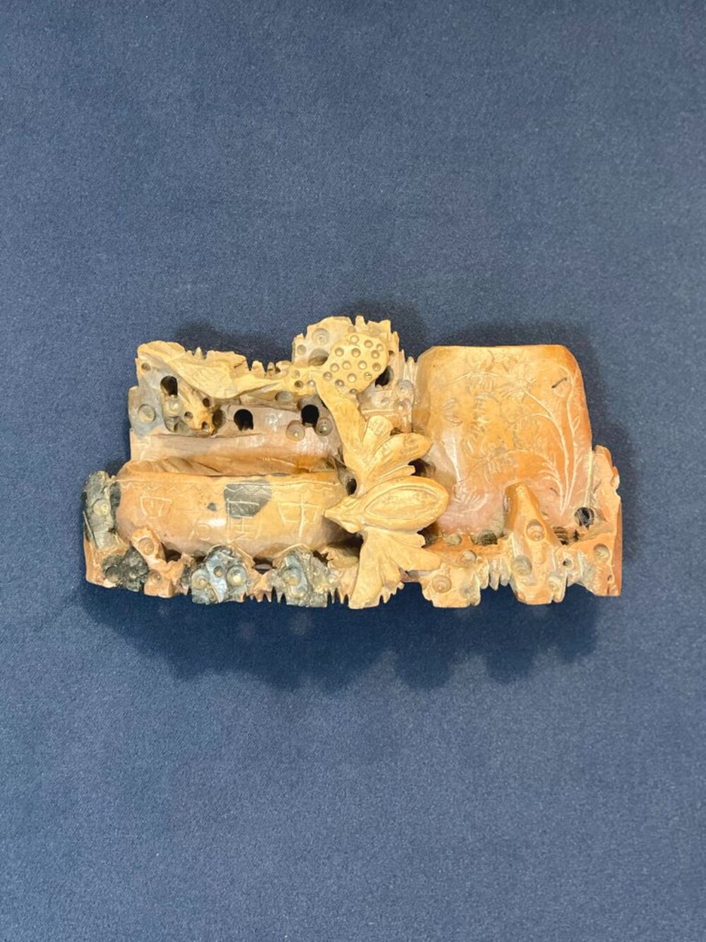 Vintage  7.25" Long  Chinese Hand Carved Soapstone Bud Vase Vessel - Soapstone